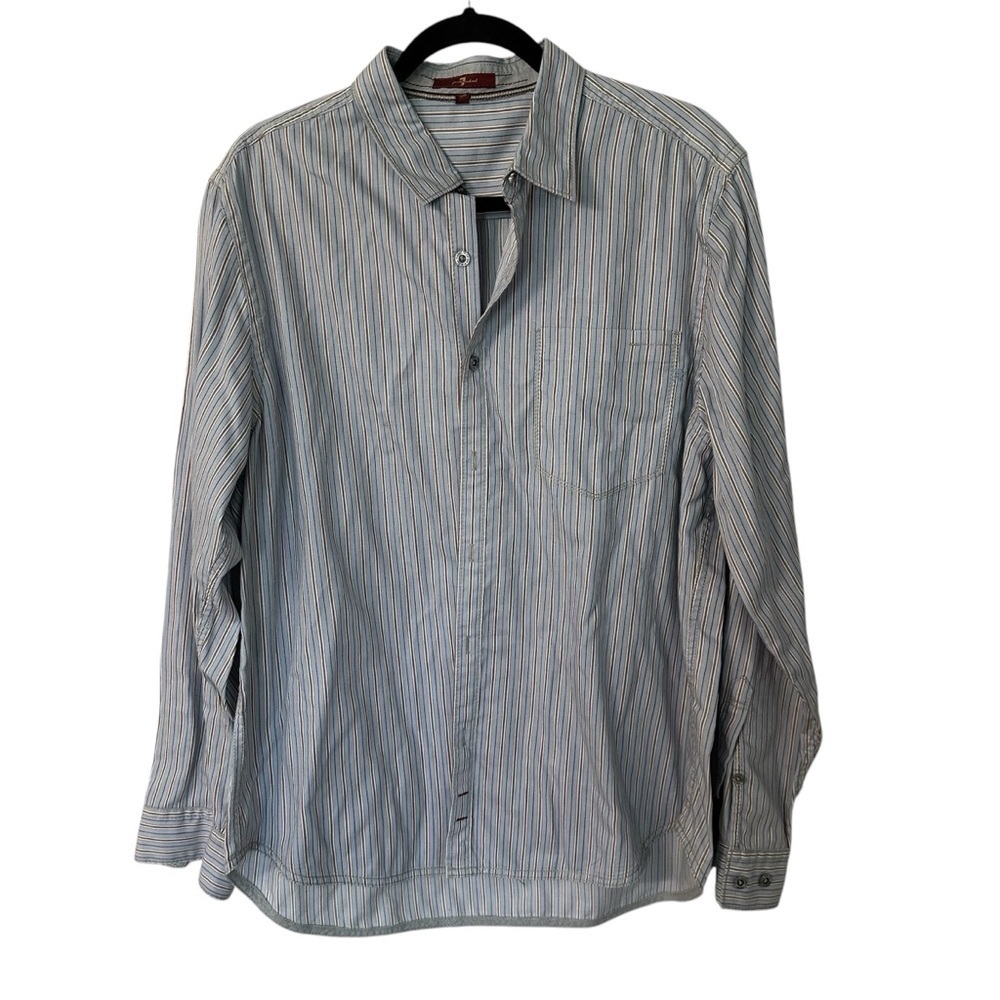 7 For All Mankind Men’s Long Sleeve Button Front Blue & Tan Shirt Sz L GUC